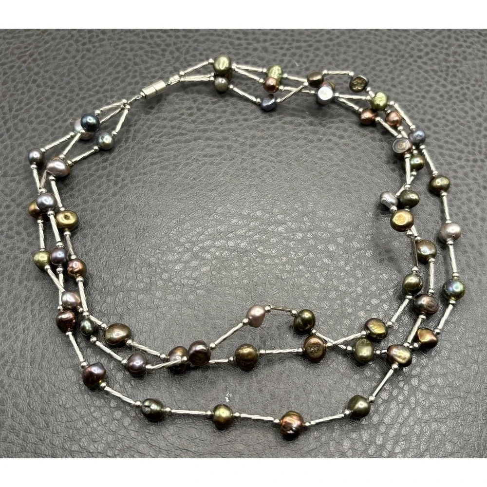Iridescent Multi-Strand Pearl Bead Necklace 7mm Freshwater Silver Tone 17